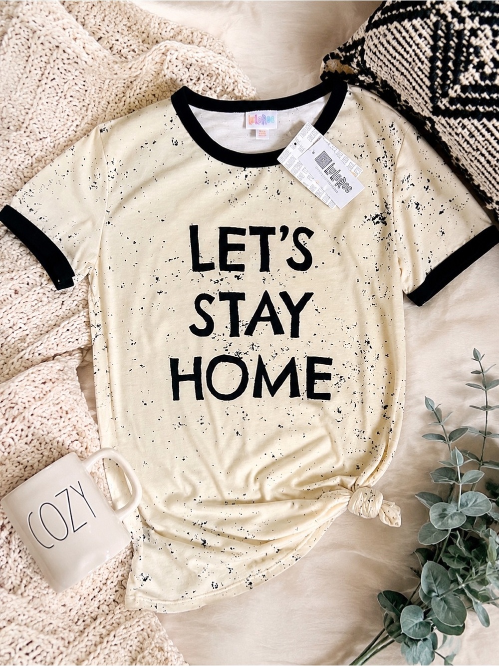 LuLaRoe Cream "LET'S STAY HOME" Short Sleeve Tee with Black Trim